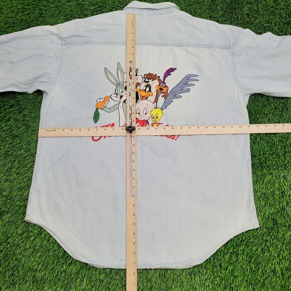 Vintage 90s Looney-Tunes Button Shirt XL 25x31 Pinstripe - Picture 4 of 16